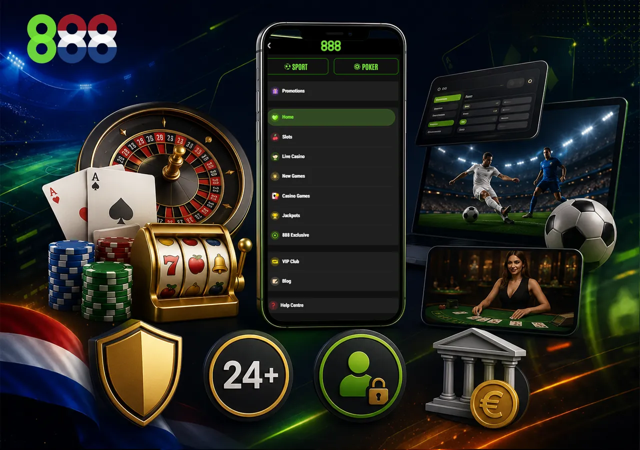 Overzicht van 888 Casino Nederland met live casino, sport en licentiecontrole