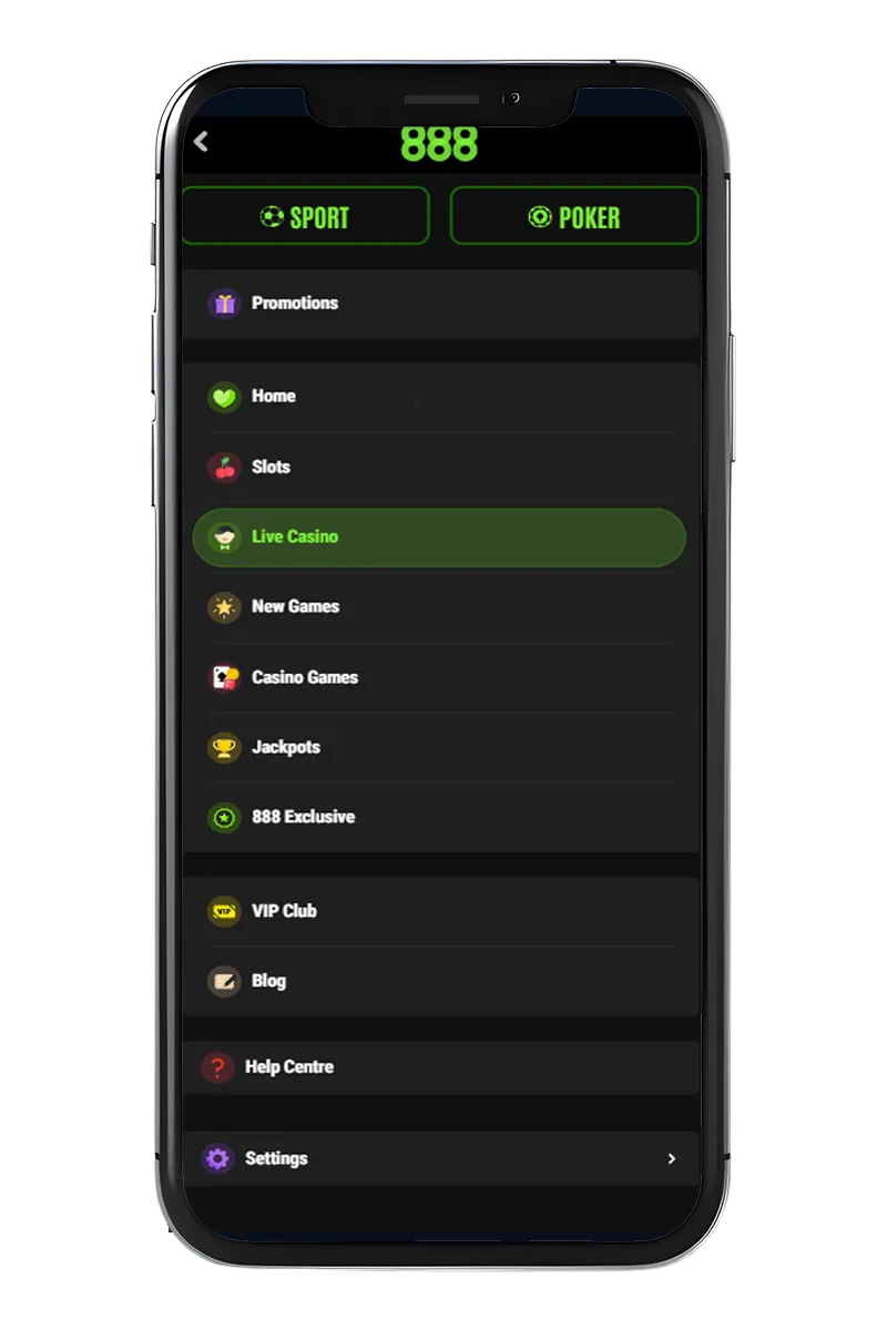 Een screenshot van het menu met een keuze uit verschillende casino- en wedmethoden.