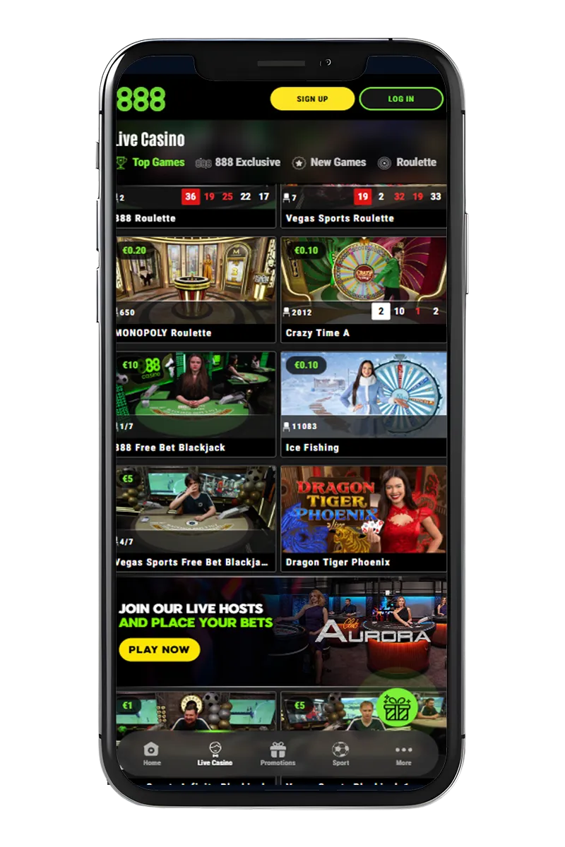 Screenshot van de live casino-pagina